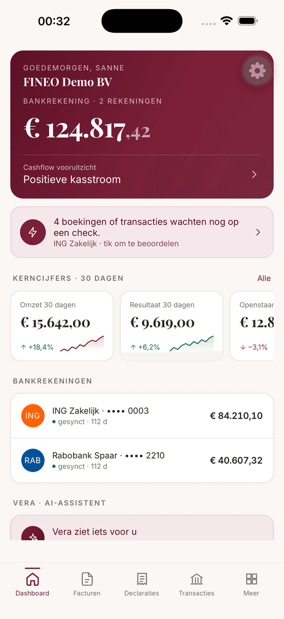 FINEO-dashboard met saldo, kerncijfers en gekoppelde bankrekeningen