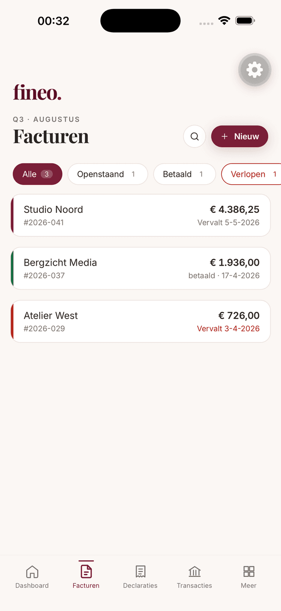 Facturenoverzicht met open, betaalde en te late facturen