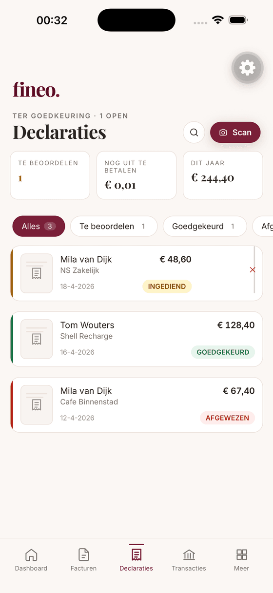 Declaraties met scanknop en statussen