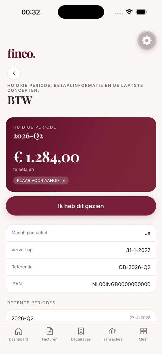 Btw-scherm met de stand van het kwartaal en de betaalgegevens