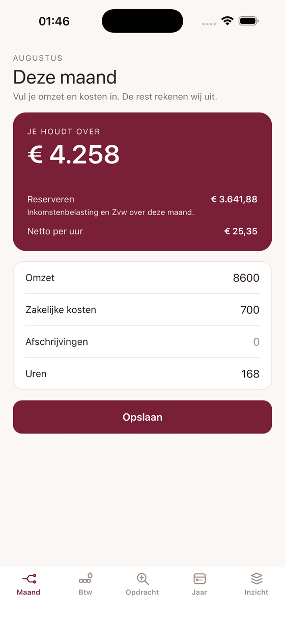 Maandscherm met wat je overhoudt en wat je moet reserveren