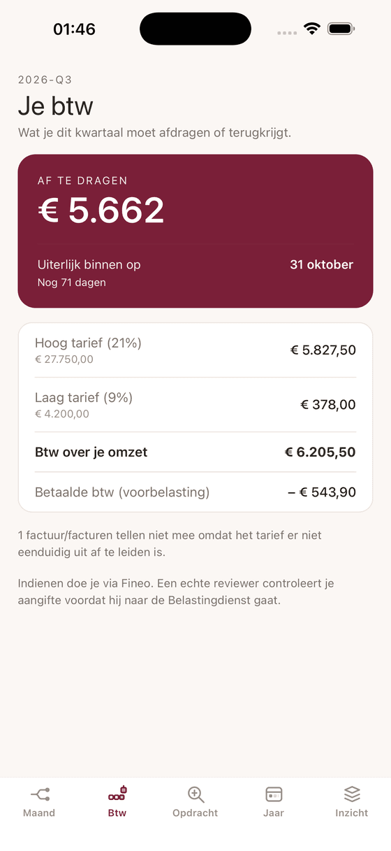 Btw-scherm met het saldo van het kwartaal en de uiterste datum