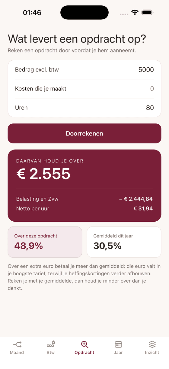 Opdrachtcalculator met marginaal tarief naast gemiddelde belastingdruk